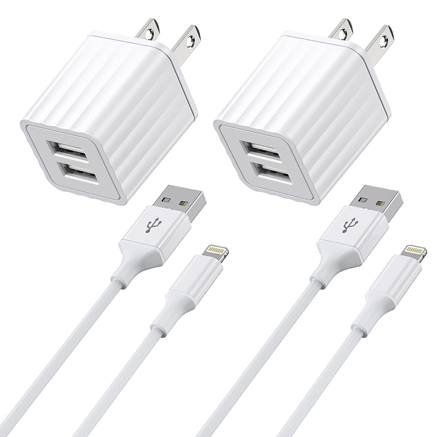 2Pack Dual Port USB Wall Charger & 2Pack 6Ft iPhone Charger Cable