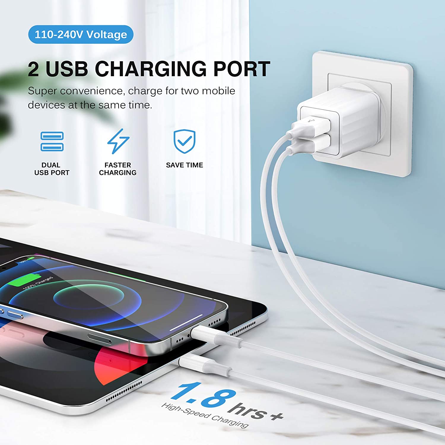 2Pack Dual Port USB Wall Charger & 2Pack 6Ft iPhone Charger Cable [Apple MFi Certified] , USB to Lightning, TPE White