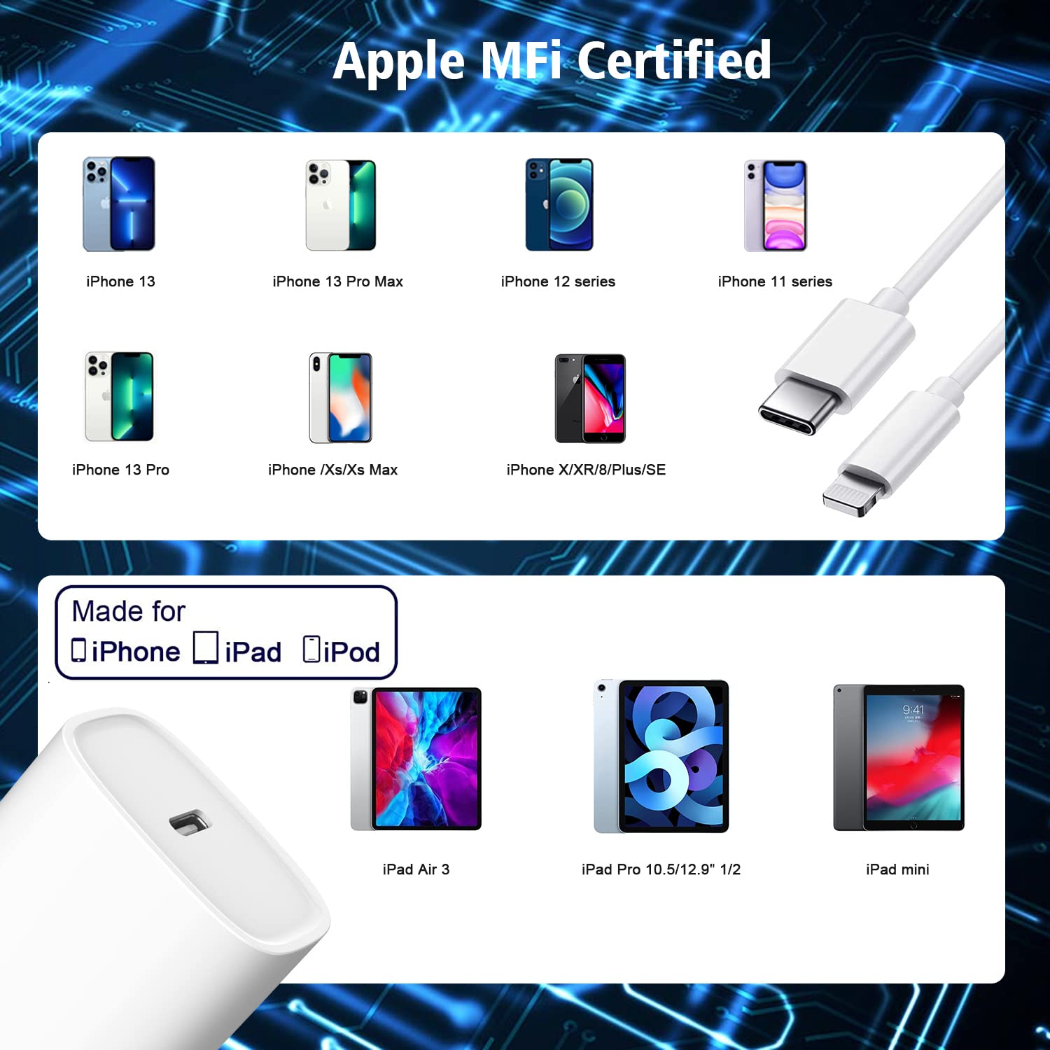 10 FT iPhone Charger Fast Charging,【Apple MFi Certified】Long iPhone 13 Charger, USB C to Lightning Cable +20W PD Type C Wall Charger Block Rapid Transfer Cord for iPhone 13/12/Pro/Max/SE 2022/11/ XR/8